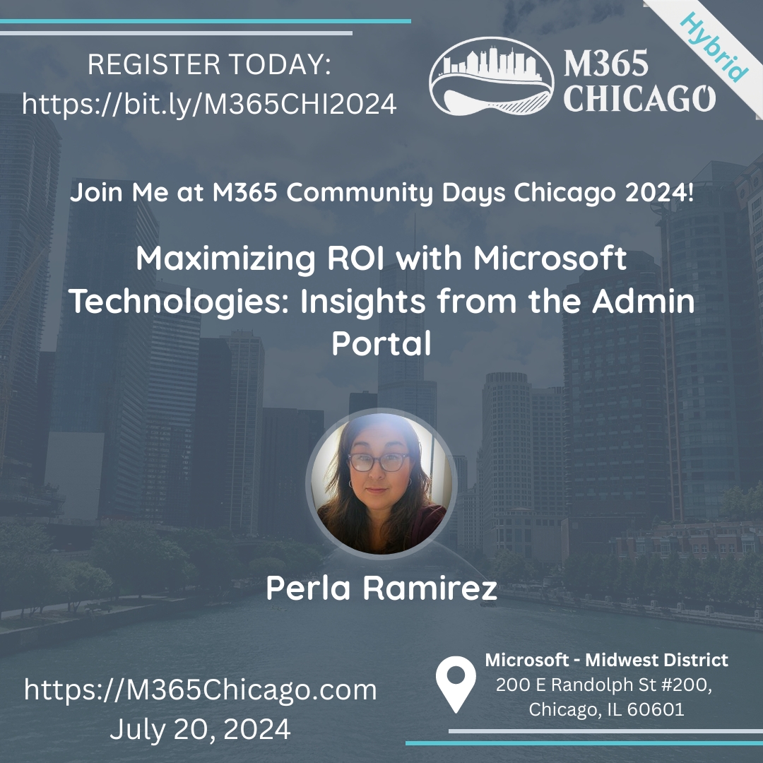 Unlock the power of the M365 Admin portal! Join us at <a href="/M365Chicago/">M365Chicago</a> to explore strategic insights on driving technology adoption and maximizing ROI with adoption scores, usage tools, and messaging. #M365Chicago #M365 #CommunityLuv #CommunityRocks bit.ly/3z7Sa1o
