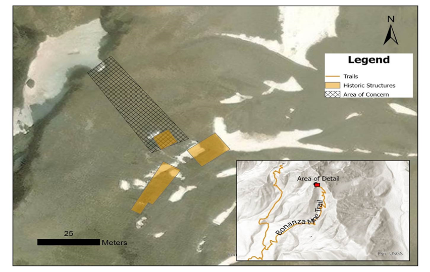Wrangell-St. Elias warns visitors of collapsing ground near Bonanza Mine in Kennecott Mines NHL. See news release for more details: ow.ly/7bOA50SBYk0
Photo: NPS/Map of Bonanza Mine showing old structures in yellow and crosshatch where ground collapse could occur.