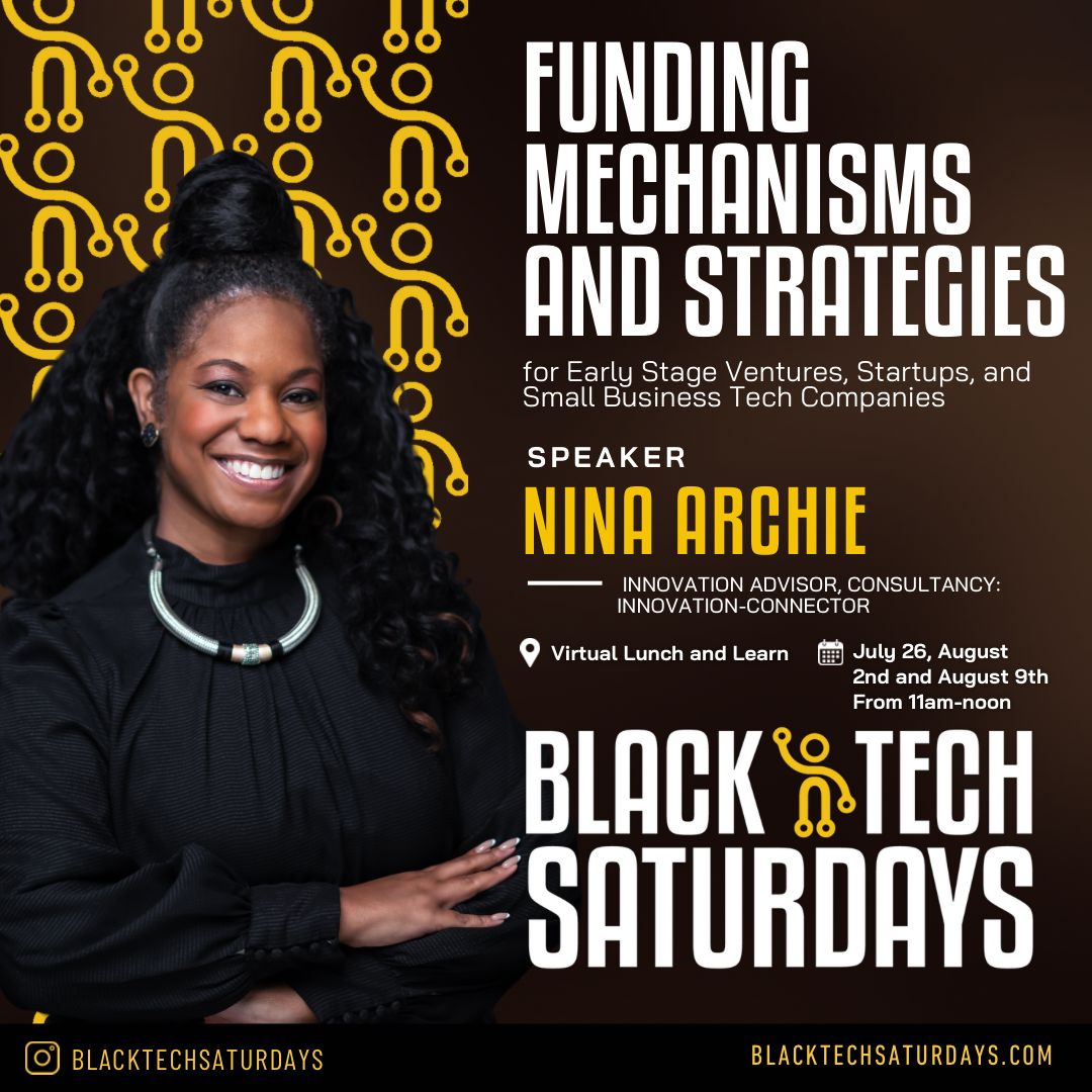 BlckTchSaturdys's tweet image. BTS Lunch &amp;amp; Learn: Funding Mechanisms &amp;amp; Strategies - Latest insights &amp;amp; strategies for securing funding for your #earlystage #venture, #startup, or #smallbusiness tech ventures with Innovation Advisor Nina Archie @TweetNinaArchie #Virtual #DetroitTech RSVP buff.ly/4bKZC08