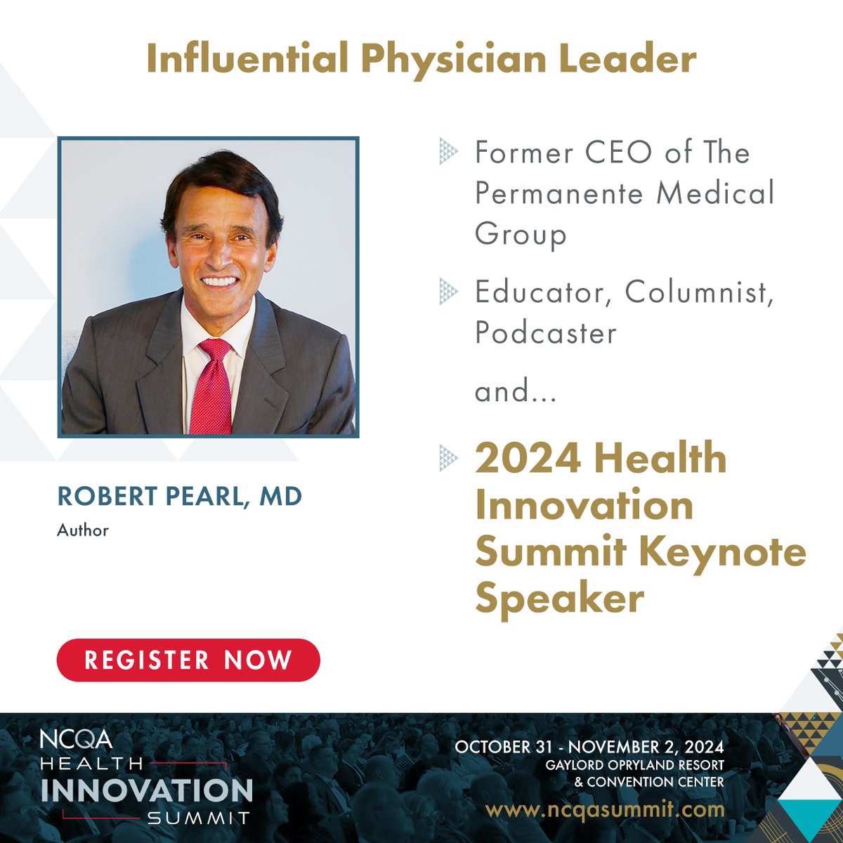 NCQA's tweet photo. #NCQA is proud to announce @RobertPearlMD as keynote speaker for the 2024 #NCQASummit! We look forward to hearing Robert Pearl speak on the importance of AI in healthcare! Register today and join the conversation: https://t.co/J26DHu4BnB

#HealthEquity #Healthcare https://t.co/UCwUgB1vRn