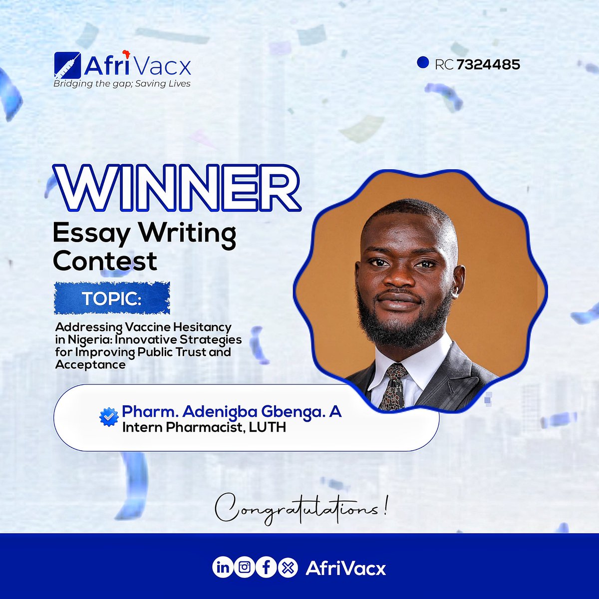 Afrivacx's tweet photo. ANNOUNCEMENT ‼️‼️

We're excited to announce Pharm. Adenigba Gbenga A. as the winner of our essay contest on the topic: “Addressing vaccine hesitancy in Nigeria, innovative strategies for improving public trust and Acceptance!”.

Congratulations, Adenigba! 👏 https://t.co/StcSCgPsVo