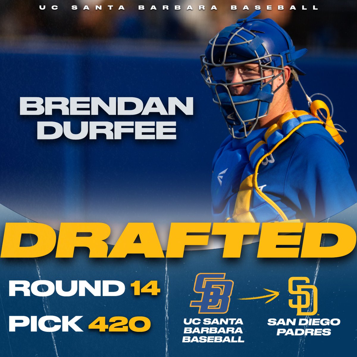 UC Santa Barbara Baseball (@ucsb_baseball) on Twitter photo 𝐃𝐮𝐫𝐟’𝐬 𝐭𝐮𝐫𝐧! 💪
With the 420th pick in the 14th round of the #MLBDraft, the San Diego Padres select <a href="/durfee_brendan/">Brendan Durfee</a>!
#GoChos | #ChosInThePros 𝐃𝐮𝐫𝐟’𝐬 𝐭𝐮𝐫𝐧! 💪
With the 420th pick in the 14th round of the #MLBDraft, the San Diego Padres select <a href="/durfee_brendan/">Brendan Durfee</a>!
#GoChos | #ChosInThePros