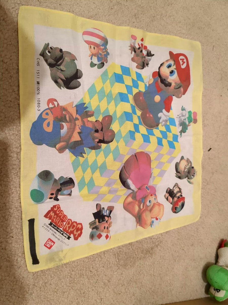 MarioRPGMerch's tweet photo. Super Mario RPG Promotional handkerchief cloth, produced in 1995, was given out as a limited prize in Japan. https://t.co/clWu1JloWe