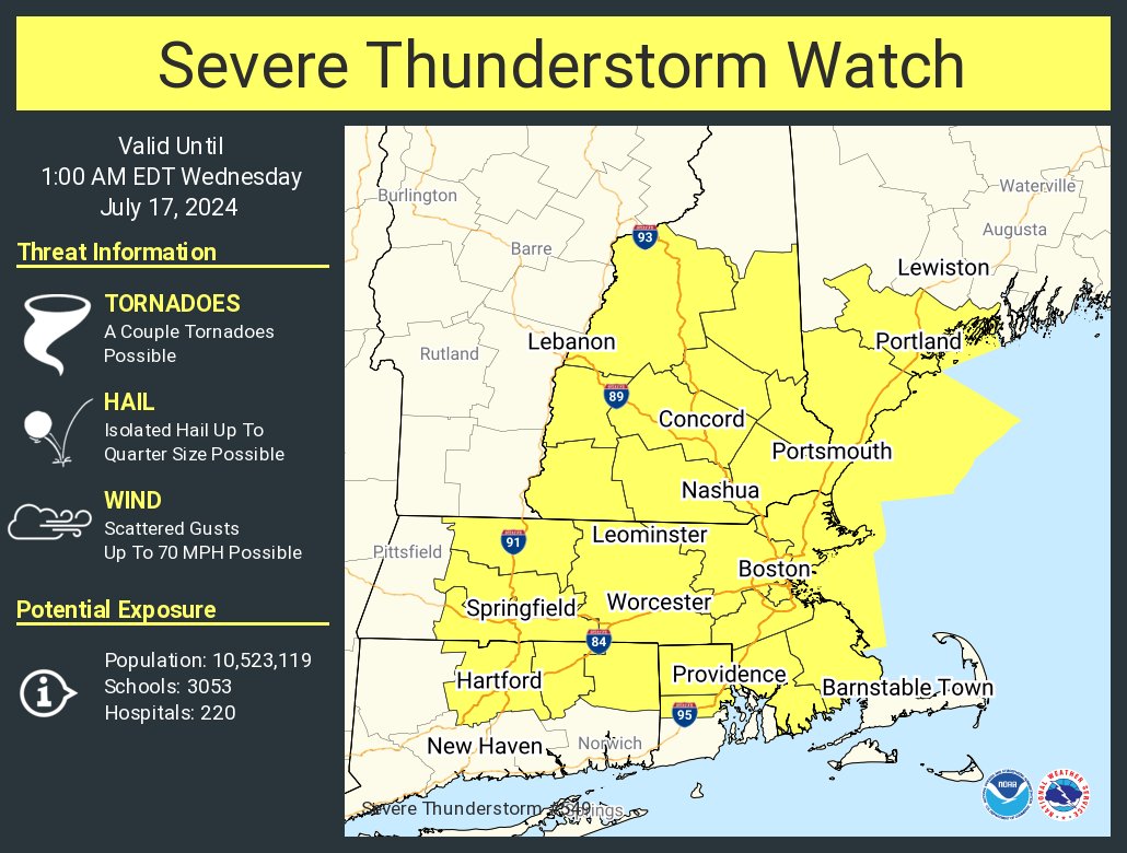 A severe thunderstorm watch has been issued for parts of Connecticut, Maine, Massachusetts, New Hampshire and Rhode Island until 1 AM EDT