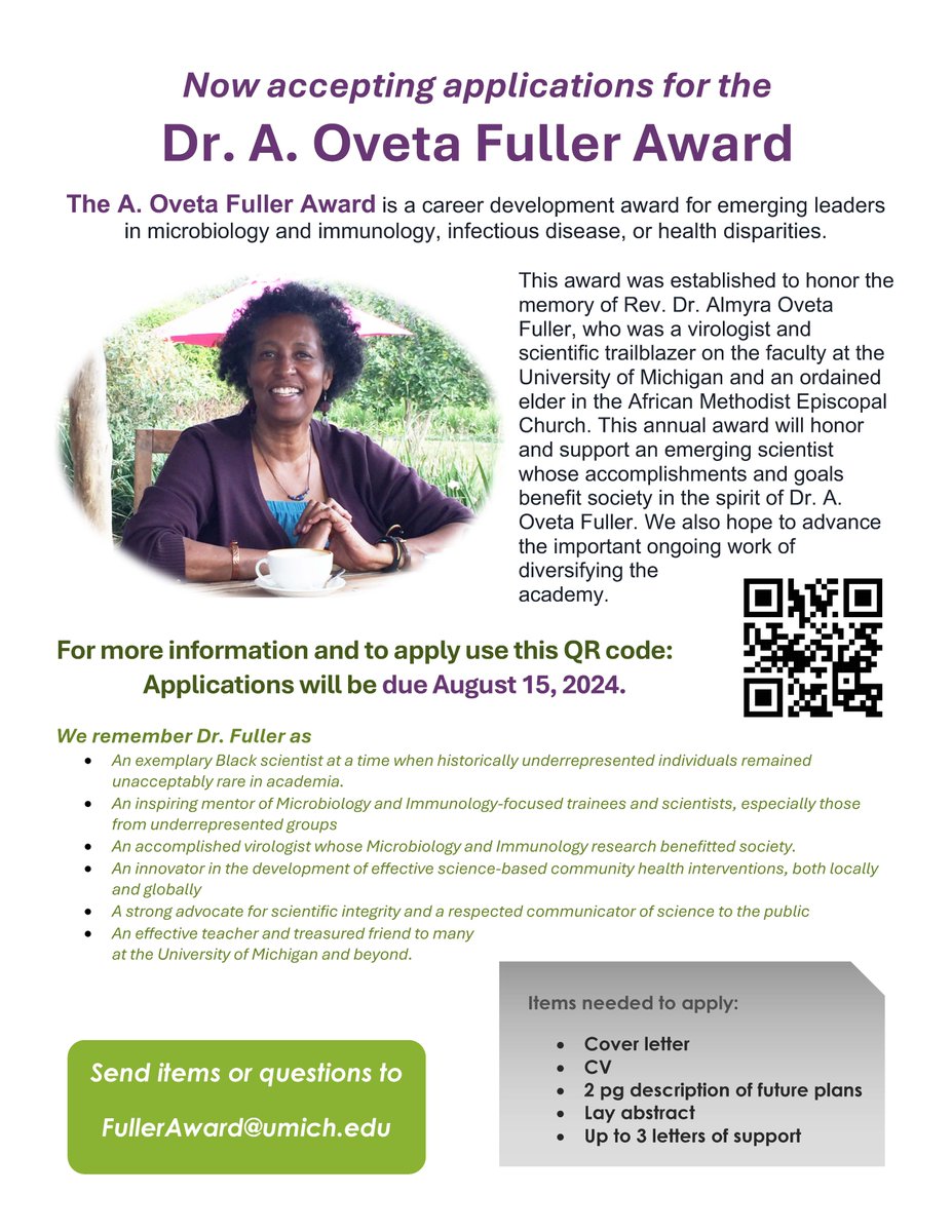 Dept of Microbiology & Immunology @ the Univ of MI (@ummicroimmuno) on Twitter photo Please share widely.  Nominations for the A. Oveta Fuller award are due Aug. 15th.  Please apply! Please share widely.  Nominations for the A. Oveta Fuller award are due Aug. 15th.  Please apply!