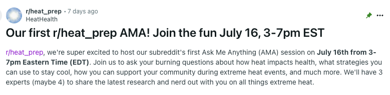 Have questions about extreme heat? Our resident heat policy expert <a href="/grace_wickerson/">Grace Wickerson (they/them)</a> is ready to answer them in this Reddit #AMA 

🔗reddit.com/r/heat_prep/co…