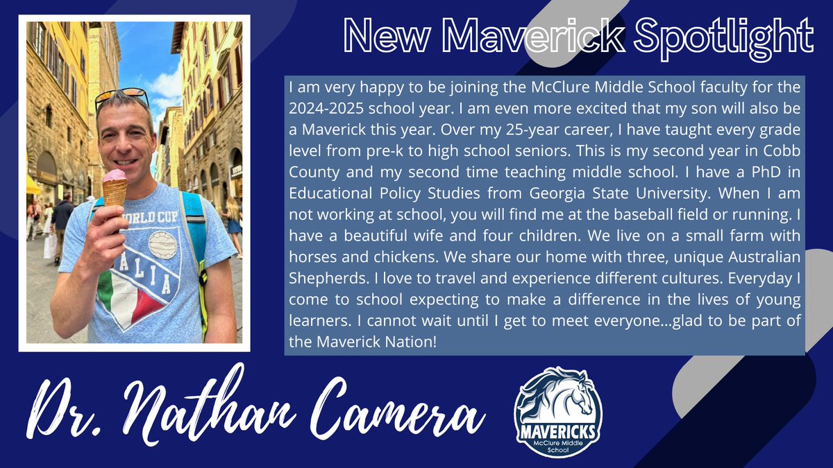 Dr. Nathan Camera will be joining our 8th grade science and math teams this year.  Please welcome him to the McClure Team!