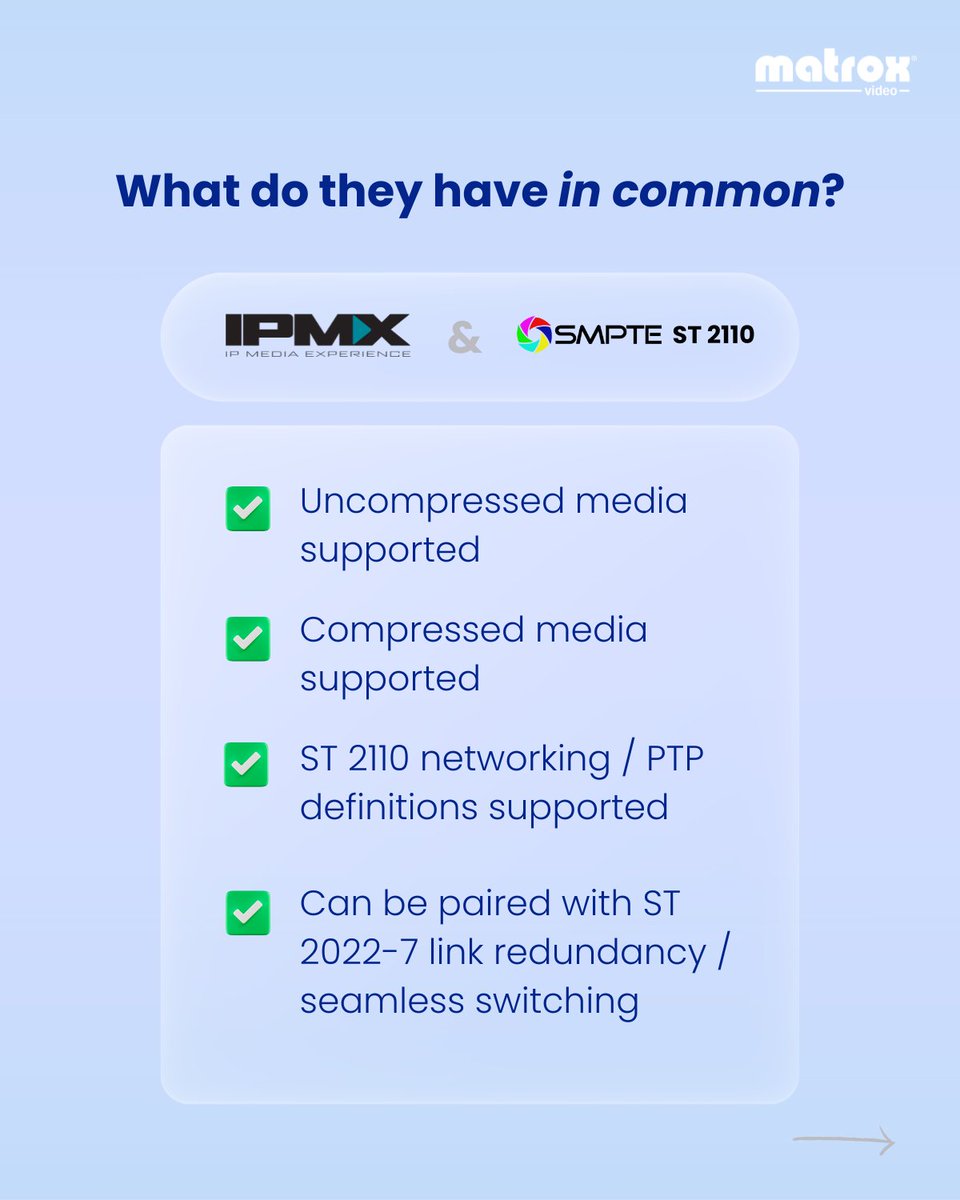 MatroxVideo's tweet photo. You know what they say: good artists copy, great artists steal.

Why be good when you can be great? 💡

Go ahead and steal our quick comparison guide for #IPMX and #ST2110.

And visit our website to download the full resource: https://t.co/YLWLD6FpCw https://t.co/TxZOREmKHE