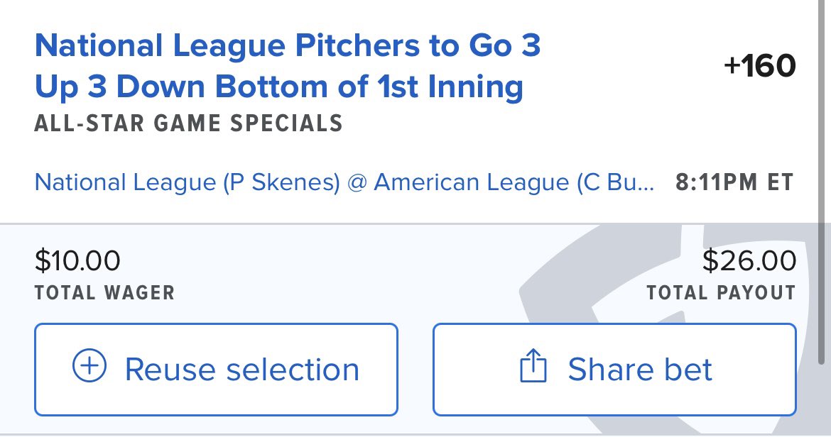 NickeyBets's tweet photo. I’m loving this for the first inning. Both pitchers on a tear and the NL lineup is insane! Make sure to use your bonus! #sportsbets #bettingsports #SportsBettingX https://t.co/ZxaEjBzsRb