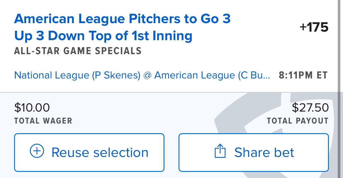 NickeyBets's tweet photo. I’m loving this for the first inning. Both pitchers on a tear and the NL lineup is insane! Make sure to use your bonus! #sportsbets #bettingsports #SportsBettingX https://t.co/ZxaEjBzsRb