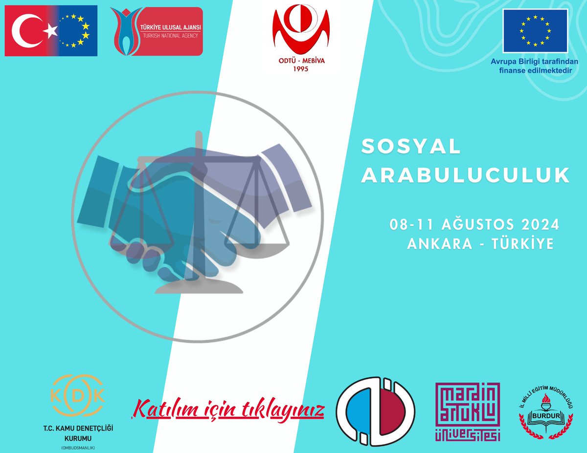 <a href="/ulusalajans/">Türkiye Ulusal Ajansı 🇹🇷 Turkish NA</a> ve <a href="/EUErasmusPlus/">Erasmus+</a> tarafından desteklenen "Sosyal Arabuluculuk" projesinin ilk çalıştayı 08-11 Ağustos 2024 tarihleri arasında Ankara'da gerçekleştirilecektir. Katılım şartlarını öğrenmek ve katılmak için aşağıdaki linki tıklayınız:
forms.gle/qYxoCdaZWNMgD8…