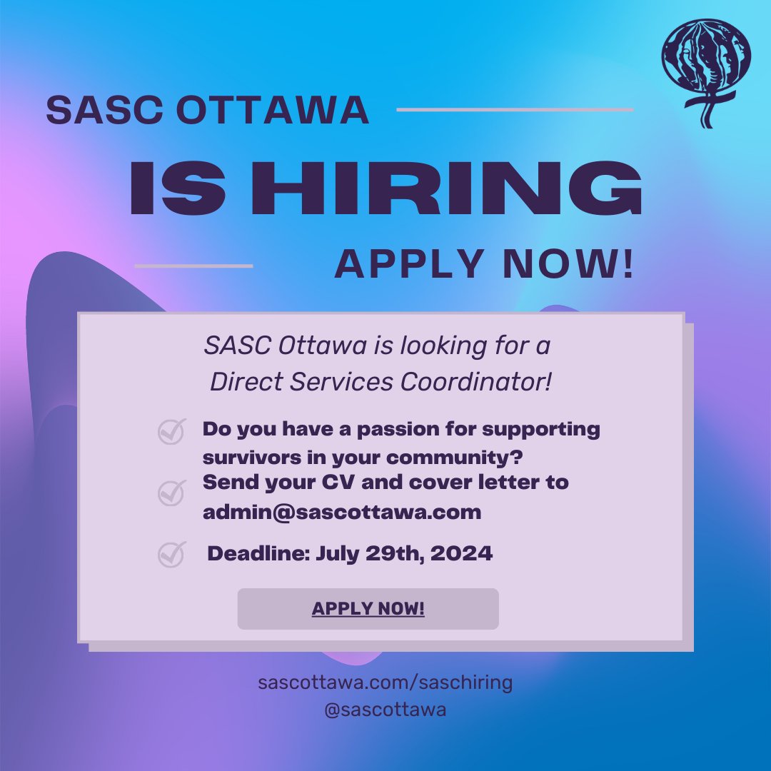 SASC Ottawa (@sascottawa) on Twitter photo SASC Ottawa is looking for a Direct Services Coordinator! Do you have a passion for supporting survivors in your community Send your resume to admin@sascottawa.com by Monday, July 29th, 2024
For more info go to sascottawa.com/saschiring #sascottawa #hiring SASC Ottawa is looking for a Direct Services Coordinator! Do you have a passion for supporting survivors in your community Send your resume to admin@sascottawa.com by Monday, July 29th, 2024
For more info go to sascottawa.com/saschiring #sascottawa #hiring