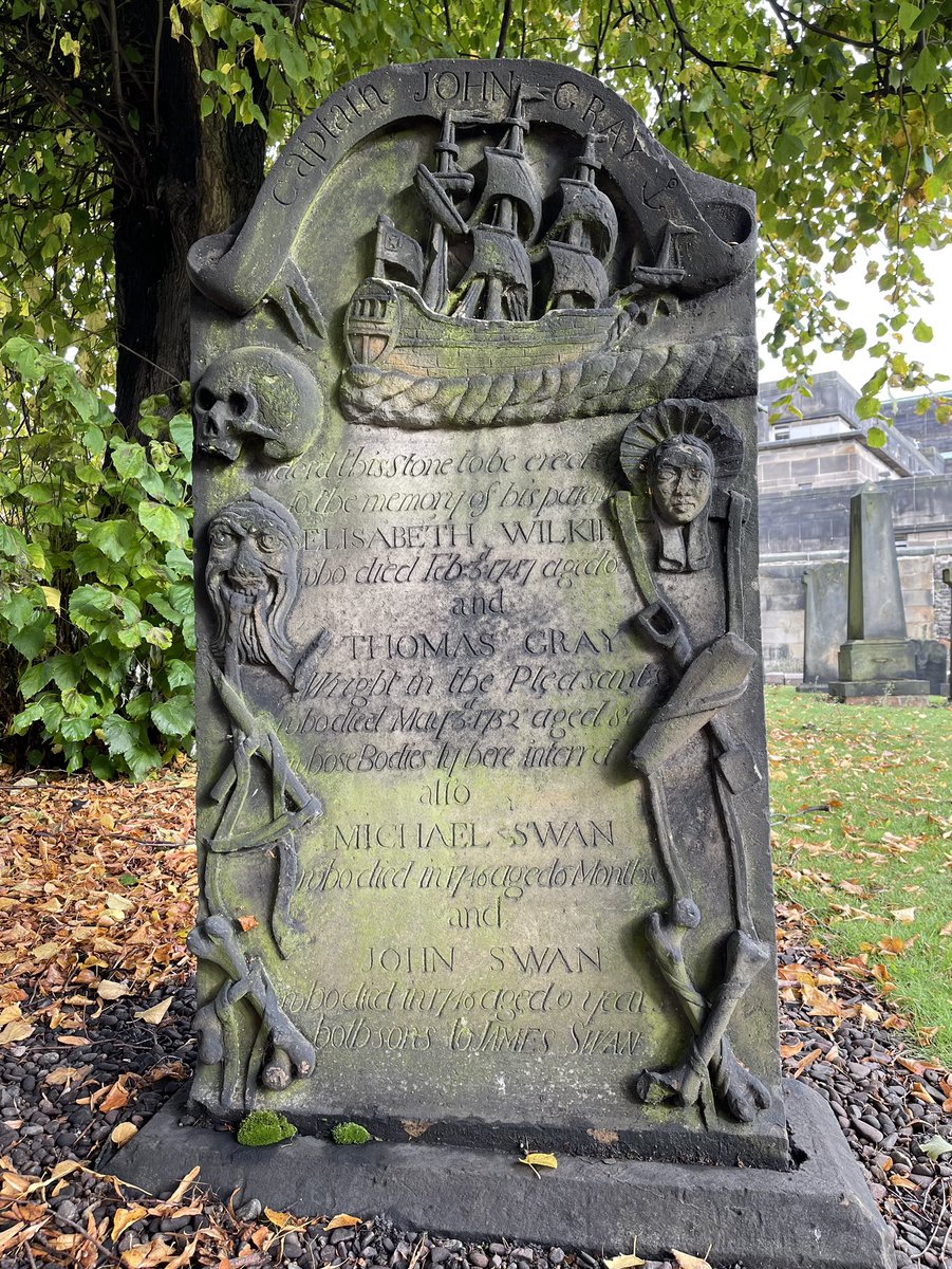 Captain John Gray raised this gravestone as a memorial to his Parents, Thomas Gray &amp; Elizabeth Wilkie. He chose to decorate the stone with a carved image of his 3 masted galleon. He also shows us his Mother, in a pretty bonnet, but not sure he liked his Father quite so much ;o)