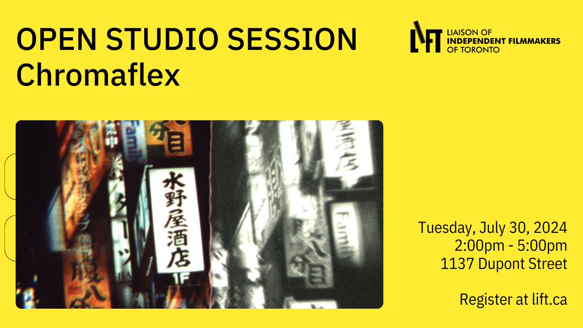 LIFTfilm's tweet photo. @LIFTfilm announces another Open Studio Session on Tuesday, July 30, 2024, facilitated by Robin Riad. This session's theme is Chromaflex. Come for an afternoon of creative practice and experimentation. #LiftFilm #LiftMember
Must register in advance:
https://t.co/PdPXWRT2pS https://t.co/cuR8NIsPnj