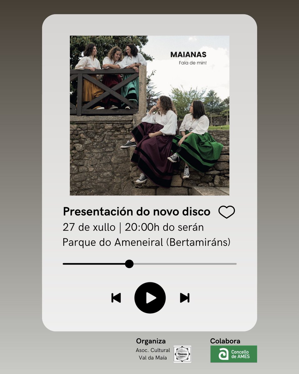 🎉 O 27 de xullo é o gran día! Presentamos o noso novo disco 𝓕𝓪𝓵𝓪 𝓭𝓮 𝓶𝓲𝓷! e non poderiamos estar máis emocionadas! 🎵💖

#NovoLanzamento #FalaDeMin #maianas