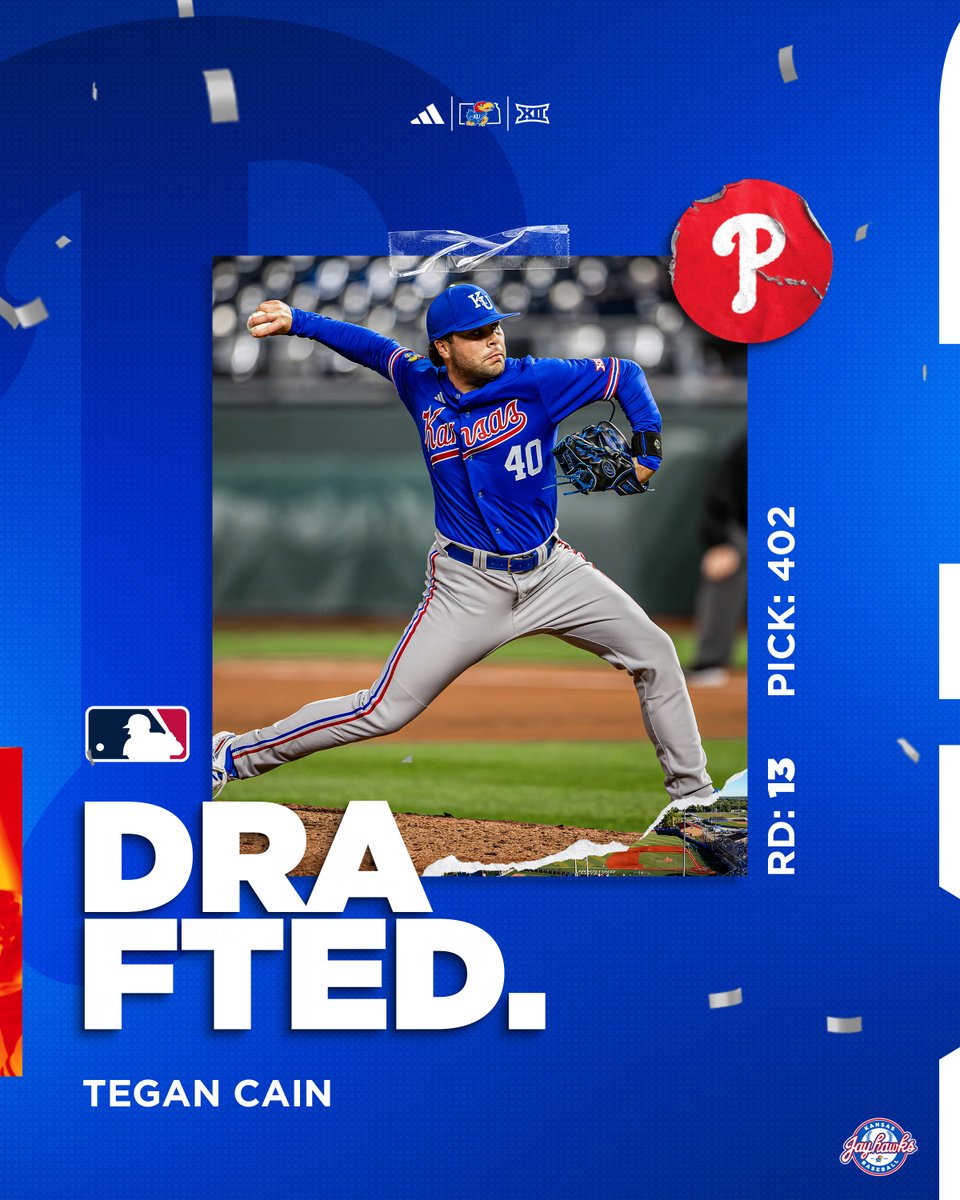 Kansas Baseball (@kubaseball) on Twitter photo Lawrence β Philadelphia
<a href="/TeganCain10/">Tegan Cain</a> has been selected in the 13th round by the <a href="/Phillies/">Philadelphia Phillies</a>!
#RockChalk Lawrence β Philadelphia
<a href="/TeganCain10/">Tegan Cain</a> has been selected in the 13th round by the <a href="/Phillies/">Philadelphia Phillies</a>!
#RockChalk