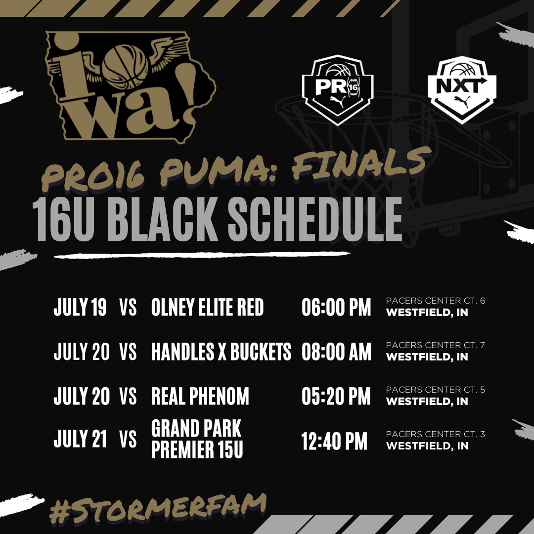 Murray Elite Basketball (@murrayelite) on Twitter photo We are all set for the <a href="/PRO16League/">PRO16/NXTPRO League</a> Finals this weekend in Indiana!! High character, hardworking, and talented players at all age levels. 17U will look to bring home the PR016 title.
Schedules are below for this weekend.
#stormerfam
<a href="/NxtProHoops/">NXTPRO Hoops</a> We are all set for the <a href="/PRO16League/">PRO16/NXTPRO League</a> Finals this weekend in Indiana!! High character, hardworking, and talented players at all age levels. 17U will look to bring home the PR016 title.
Schedules are below for this weekend.
#stormerfam
<a href="/NxtProHoops/">NXTPRO Hoops</a>