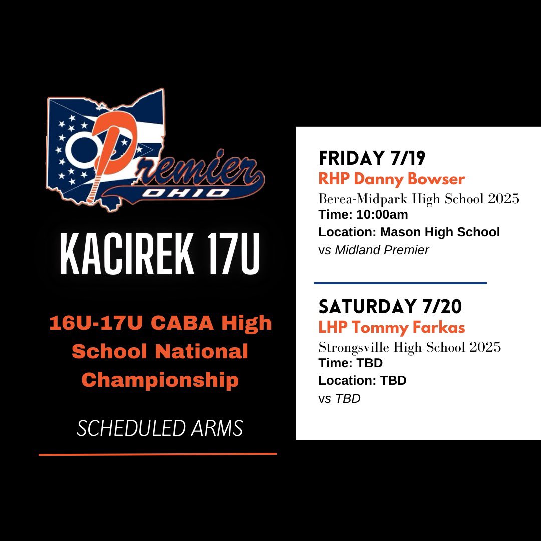 Premier OH Kacirek 2029 (Scott Kacirek-Head Coach) (@skacirek) on Twitter photo Our schedule and rotation for the CABA 16/17U Nat. Championship! <a href="/Kaiclose22/">Kai close</a> <a href="/peytonbeck16/">Peyton Beck</a> <a href="/brandon_rose33/">Brandon Rose</a> <a href="/SpencerHaney6/">Spencer Haney</a> <a href="/Dannybowser11/">Daniel Bowser</a> <a href="/farkas_tommy/">Tommy Farkas</a> <a href="/CoachAHilt/">Aaron Hilt</a> <a href="/CoachBertolini/">Coach Bertolini</a> <a href="/BTBeem24/">Blake Beemer</a> <a href="/Trevcharp/">Trevor Charpie</a> <a href="/KTrewyn/">Kyle Trewyn</a> <a href="/CoachSheriffUC/">Tayler Sheriff</a> <a href="/trob1023/">Tyler Robinson</a> <a href="/Coach_Bond3/">Colten Bond</a> <a href="/Cincy_Flames/">Cincy Flames</a> <a href="/mike__eversole/">Mike Eversole</a> Our schedule and rotation for the CABA 16/17U Nat. Championship! <a href="/Kaiclose22/">Kai close</a> <a href="/peytonbeck16/">Peyton Beck</a> <a href="/brandon_rose33/">Brandon Rose</a> <a href="/SpencerHaney6/">Spencer Haney</a> <a href="/Dannybowser11/">Daniel Bowser</a> <a href="/farkas_tommy/">Tommy Farkas</a> <a href="/CoachAHilt/">Aaron Hilt</a> <a href="/CoachBertolini/">Coach Bertolini</a> <a href="/BTBeem24/">Blake Beemer</a> <a href="/Trevcharp/">Trevor Charpie</a> <a href="/KTrewyn/">Kyle Trewyn</a> <a href="/CoachSheriffUC/">Tayler Sheriff</a> <a href="/trob1023/">Tyler Robinson</a> <a href="/Coach_Bond3/">Colten Bond</a> <a href="/Cincy_Flames/">Cincy Flames</a> <a href="/mike__eversole/">Mike Eversole</a>