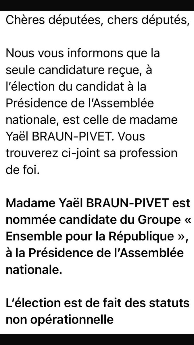 Yaël Braun-Pivet seule candidate d’Ensemble (EPR) au perchoir donc pas besoin d’élection interne au groupe. L’idée d’une primaire avec les 2 autres groupes du camp présidentiel semble par ailleurs avoir tourné court, Horizons voulant faire au moins un tour de piste