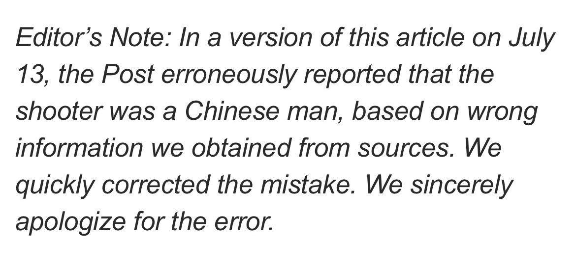 After facing pressure from electeds and the Asian American community, I am glad to see the @NYPost publish a retraction and apologize for falsely reporting Trump's shooter as Chinese. Accuracy in reporting is crucial, as misinformation can fuel hate against the AAPI community.
