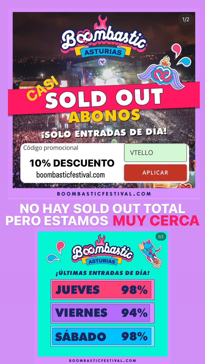 VictorTello25's tweet photo. BOOMBASTIC FESTIVAL ASTURIAS
🎟️ ÚLTIMOS ABONOS Y ENTRADAS DE DÍA (no habrá más, no esperes a última hora)
💥A PUNTO DE SOLD OUT
🔥HORARIOS YA DISPONIBLES

#BoombasticAsturias #Boombastic #BombasticAsturias #Bombastic #Asturias #BoombasticFestival #Entrada #Abono #VendoEntrada https://t.co/xPIoluBumJ