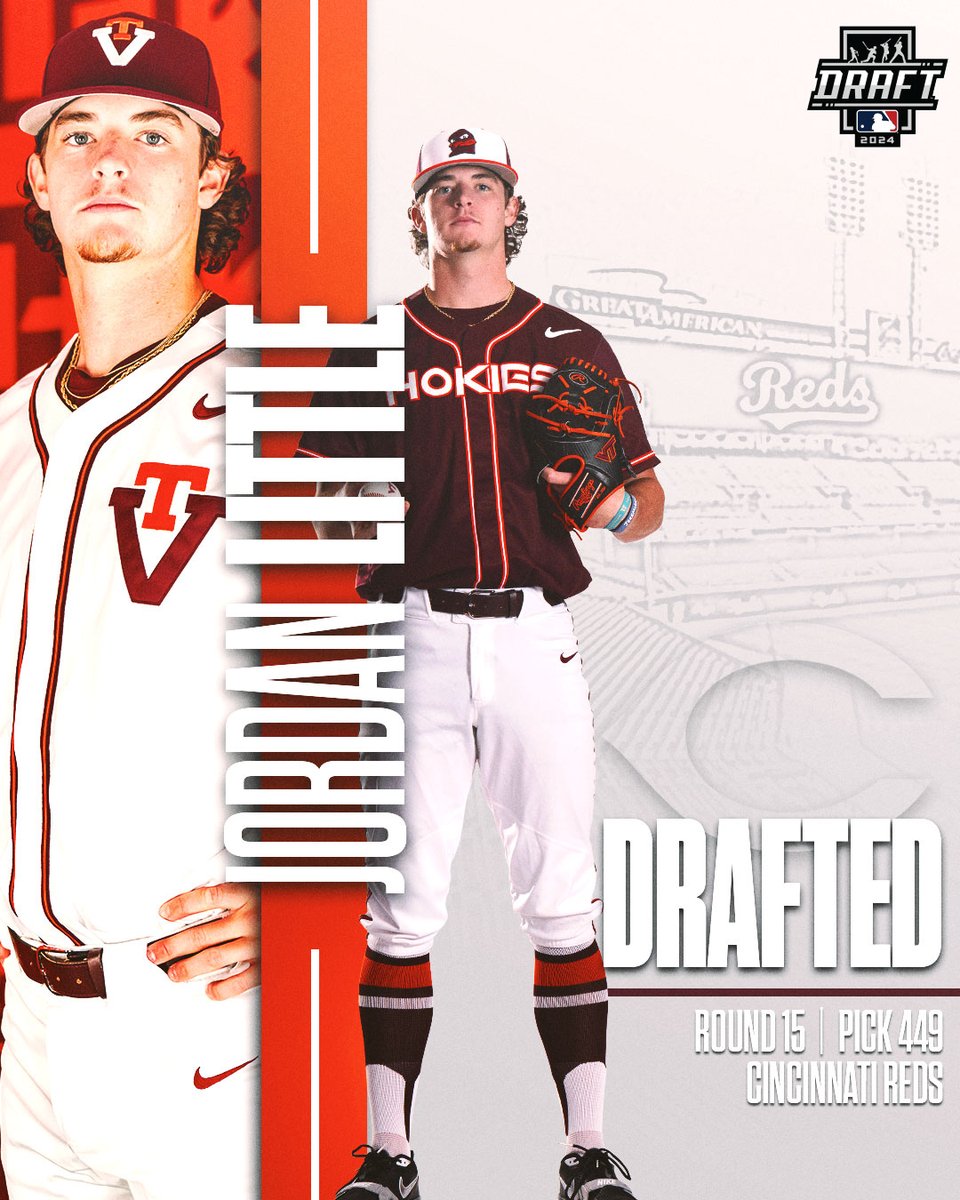 "𝙇𝙞𝙩𝙩𝙡𝙚" 𝙍𝙚𝙙 𝙈𝙖𝙘𝙝𝙞𝙣𝙚 🔴

𝘑𝘰𝘳𝘥𝘢𝘯 𝘓𝘪𝘵𝘵𝘭𝘦 becomes Virginia Tech's second pitcher off the board this week with his selection during the 𝟏𝟓𝐭𝐡 round by the Cincinnati #Reds

#ProHokies 🦃⚾️
