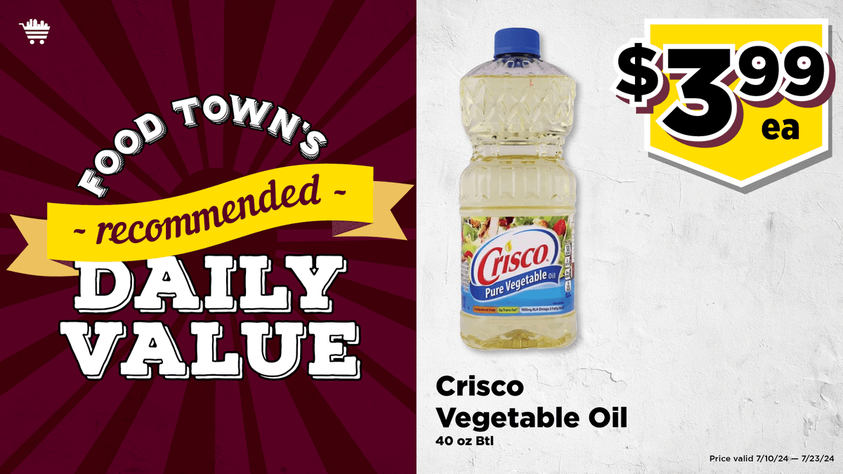 YourFoodTown's tweet photo. It's your Food Town RDV –Crisco Vegetable Oil, 40 oz. Btl., $3.99 ea. https://t.co/7MPSOO2r2e (through 7/23/24) #rdv #save #everydayvalues #foodtownhouston https://t.co/KW0hiKPV8p
