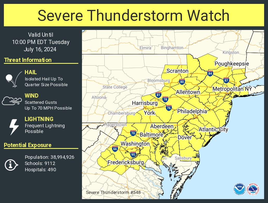 A severe thunderstorm watch has been issued for parts of Delaware ...