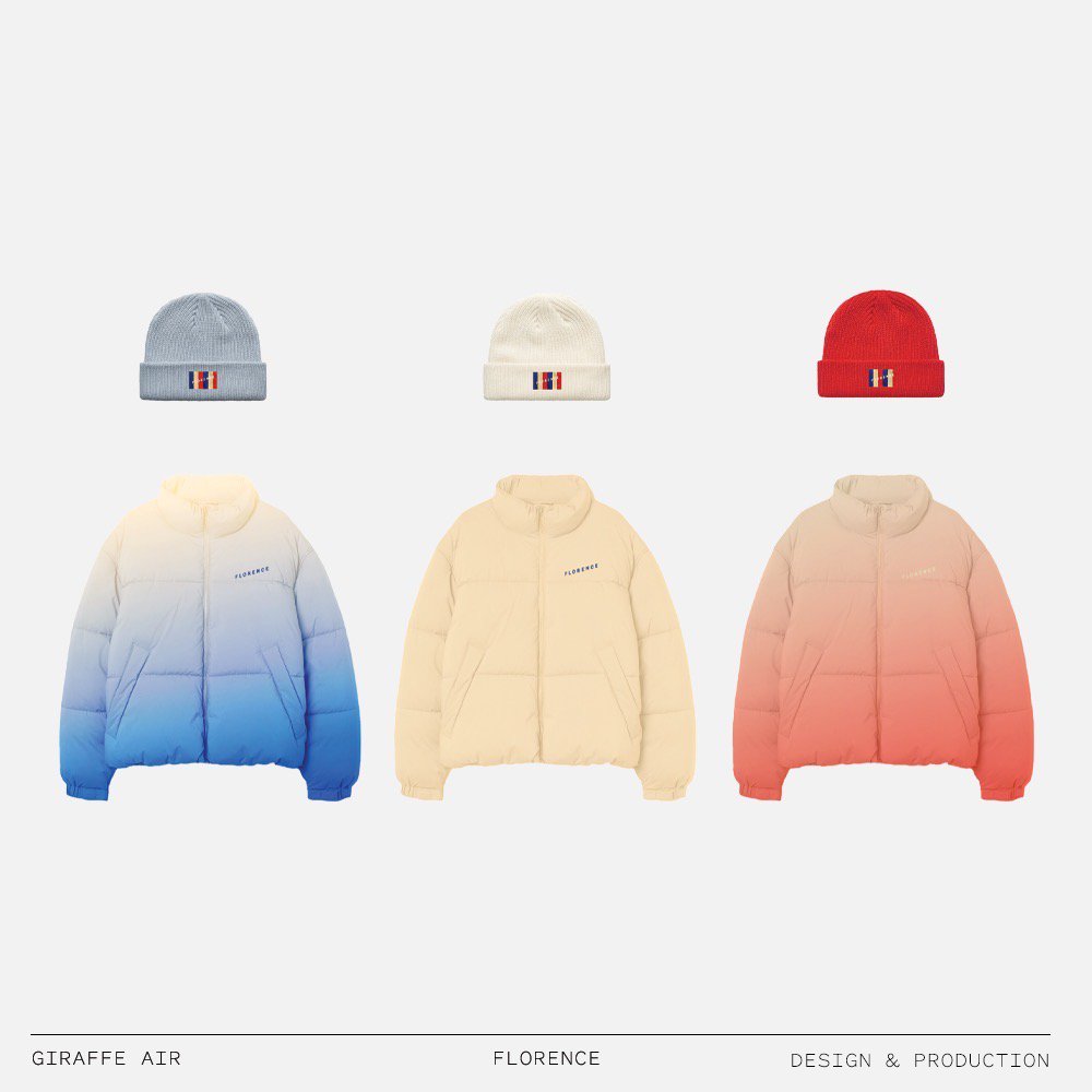 giraffeair's tweet photo. Woven label beanies &amp; gradient dyed puffer jackets for Florence. https://t.co/OWiSpLM10F