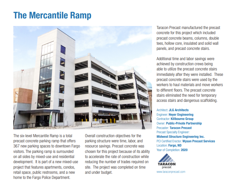TaraconPrecast's tweet photo. Efficiency at its best! The Mercantile Ramp in downtown Fargo was completed on time &amp; under budget, thanks to the use of precast concrete. We provided beams, columns, doubletees, hollowcore, insulated &amp; solid wall panels, and precast stairs. Learn more at https://t.co/h4GuzOSzCv! https://t.co/HfYaJNlydI
