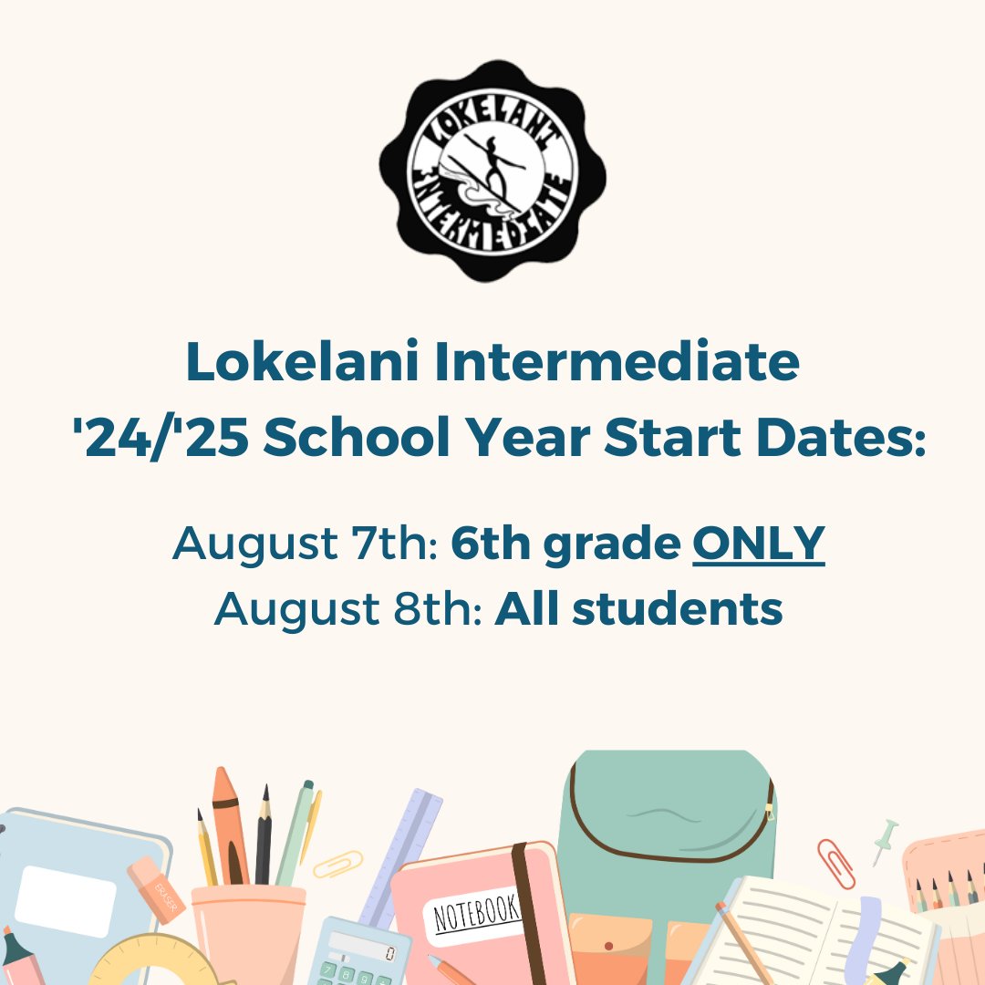 LokelaniInt's tweet photo. Aloha Waveriders!! 🌊
August 7th will be for our 6th graders ONLY!!
August 8th will be when all grades return to campus!!
See you then 🤙 https://t.co/3vSCCHCzhG