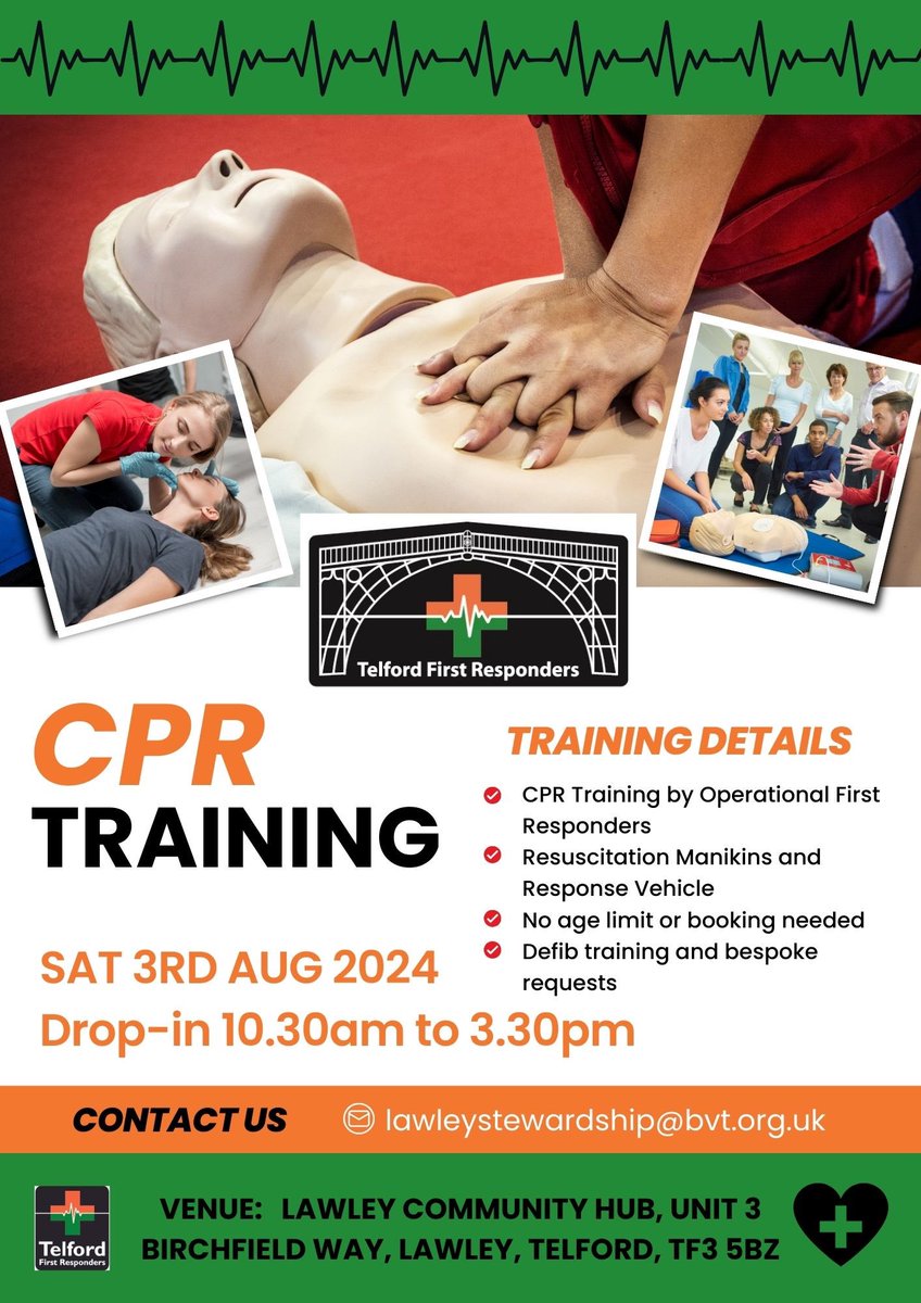 Telford First Responders (@telfordcfr) on Twitter photo Working with <a href="/BVT_Lawley/">Bournville Village Trust in Lawley</a> we will be providing free CPR and Defib training at Lawley Community Hub between 1030 & 1530 on Saturday 3rd August.
No need to book, just come along.
Put the date in your diary. Working with <a href="/BVT_Lawley/">Bournville Village Trust in Lawley</a> we will be providing free CPR and Defib training at Lawley Community Hub between 1030 & 1530 on Saturday 3rd August.
No need to book, just come along.
Put the date in your diary.