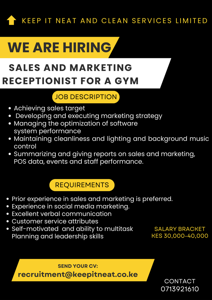 KeepItNeatClean's tweet photo. Keep It Neat and Clean Services Limited Recruitment department invites applications from experienced candidates for a Sales and Marketing Receptionist position. https://t.co/MYXHmdBeK9