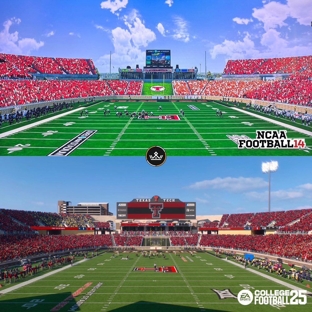 CFBKings's tweet photo. Texas Tech’s stadium in NCAA14 vs. in College Football 25 🎮🏟️ https://t.co/mREeLP60to