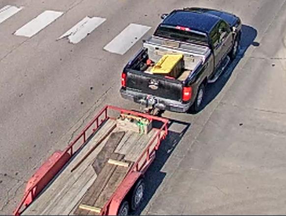 LinnIASheriff's tweet photo. News Release: Attempt to identify suspect from hit &amp; run on July 11, 2024. The suspect was driving a black Chevy Silverado 1500 &amp; pulling a red tandem axle utility trailer. If you have information on the owner or driver of this vehicle, please call 319-892-6215. https://t.co/ppbLyiiB5p