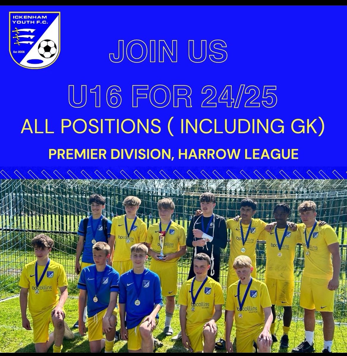 Our Under 16 Red team are looking for new players for the 2024/25 season, playing in the Harrow Premier Division. They became County Cup Winners in 2023 and are a fabulous team to be a part of. 🔵🟡

If interested please contact James on 07919 546559.