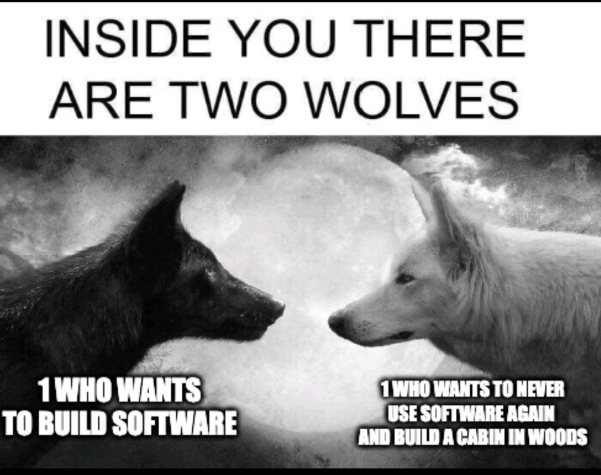 quirky_allstar's tweet image. Dilema of a software engineer!! 😂😂
Almost everyday, each half of the day, one wolf is dominant over the other😂😂
#LifeOfSoftwareEngineer #Funny, #Coding, #SoftwareEngineer, #TheWolfInside