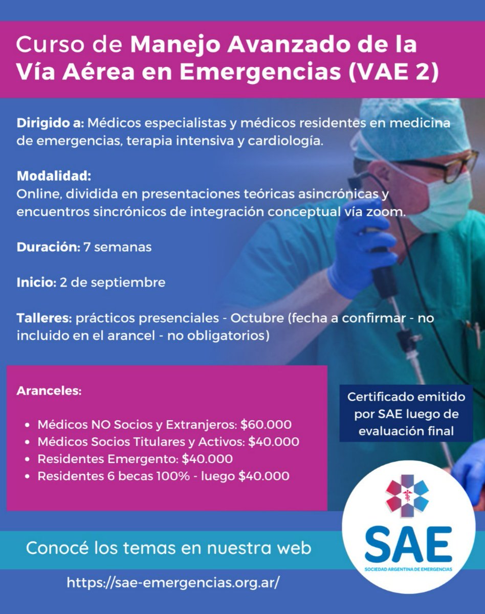Lanzamos un nuevo curso de Manejo Avanzado de la Vía Aérea en Emergencias (VAE 2)

Organizado por el Comité de Vía Aérea

Informes e Inscripciones: bit.ly/3zvyXXJ
