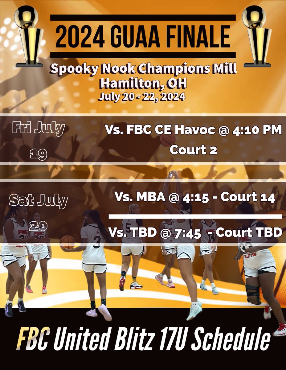 FBC Blitz (@blitzfbc) on Twitter photo IT”S TIME!!! The GUAA Finale is here!! July 19 - 22 in at the Spooky Nook Champions Mill in Hamilton OH. Below is our schedule for the First two games
<a href="/milannis2134/">Milanni Abdus-Salaam</a> <a href="/GiuliaBauz53813/">Giulia Bauzá Milazzo</a> <a href="/MakRob14/">Makayla Roberson</a> <a href="/SlaterMorghan/">morghan slater</a> <a href="/JoyTchamabe2025/">Joy Tchamabe</a> <a href="/mckinleyb03/">Mckinley Brothers</a> <a href="/carolynf5bball/">Carolynf_basketball</a> <a href="/NiaraGayle2025/">NiaraGayle2025</a> IT”S TIME!!! The GUAA Finale is here!! July 19 - 22 in at the Spooky Nook Champions Mill in Hamilton OH. Below is our schedule for the First two games
<a href="/milannis2134/">Milanni Abdus-Salaam</a> <a href="/GiuliaBauz53813/">Giulia Bauzá Milazzo</a> <a href="/MakRob14/">Makayla Roberson</a> <a href="/SlaterMorghan/">morghan slater</a> <a href="/JoyTchamabe2025/">Joy Tchamabe</a> <a href="/mckinleyb03/">Mckinley Brothers</a> <a href="/carolynf5bball/">Carolynf_basketball</a> <a href="/NiaraGayle2025/">NiaraGayle2025</a>