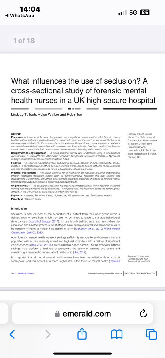A paradigm shift is required in adult forensic mental health inpatient settings to achieve the international efforts of eliminating the use of seclusion in clinical practice. Check out our latest paper #forensicmentalhealth #highsecure #mentalhealthnursing #seclusionpractice