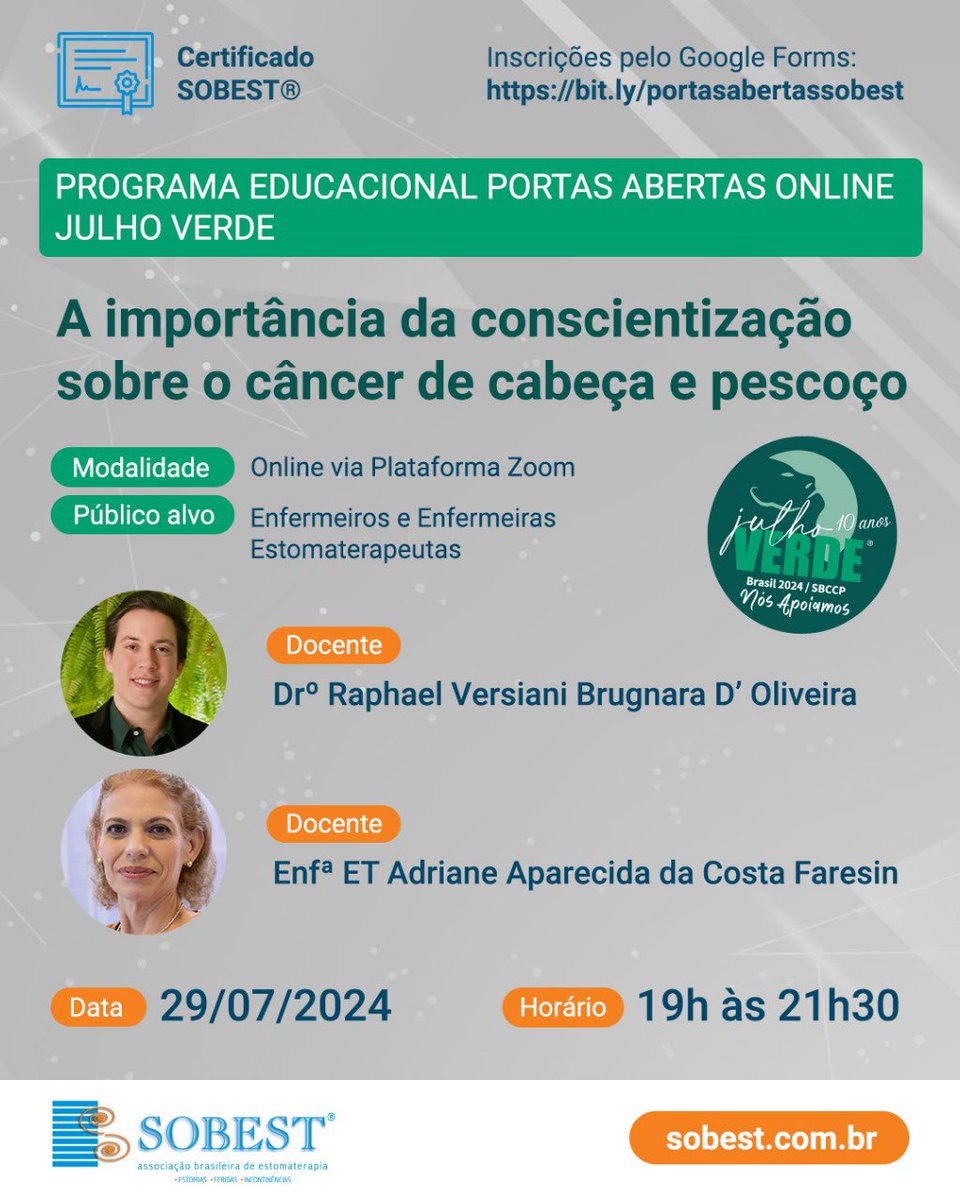 SOBEST_oficial's tweet photo. O programa educacional PORTAS ABERTAS da SOBEST®️ convida você para uma noite de grande aprendizado sobre a temática “Julho Verde: A importância da conscientização sobre o câncer de cabeça e pescoço” que acontecerá no dia 29 de julho deste mês em formato online. https://t.co/WP4tAQyMjT