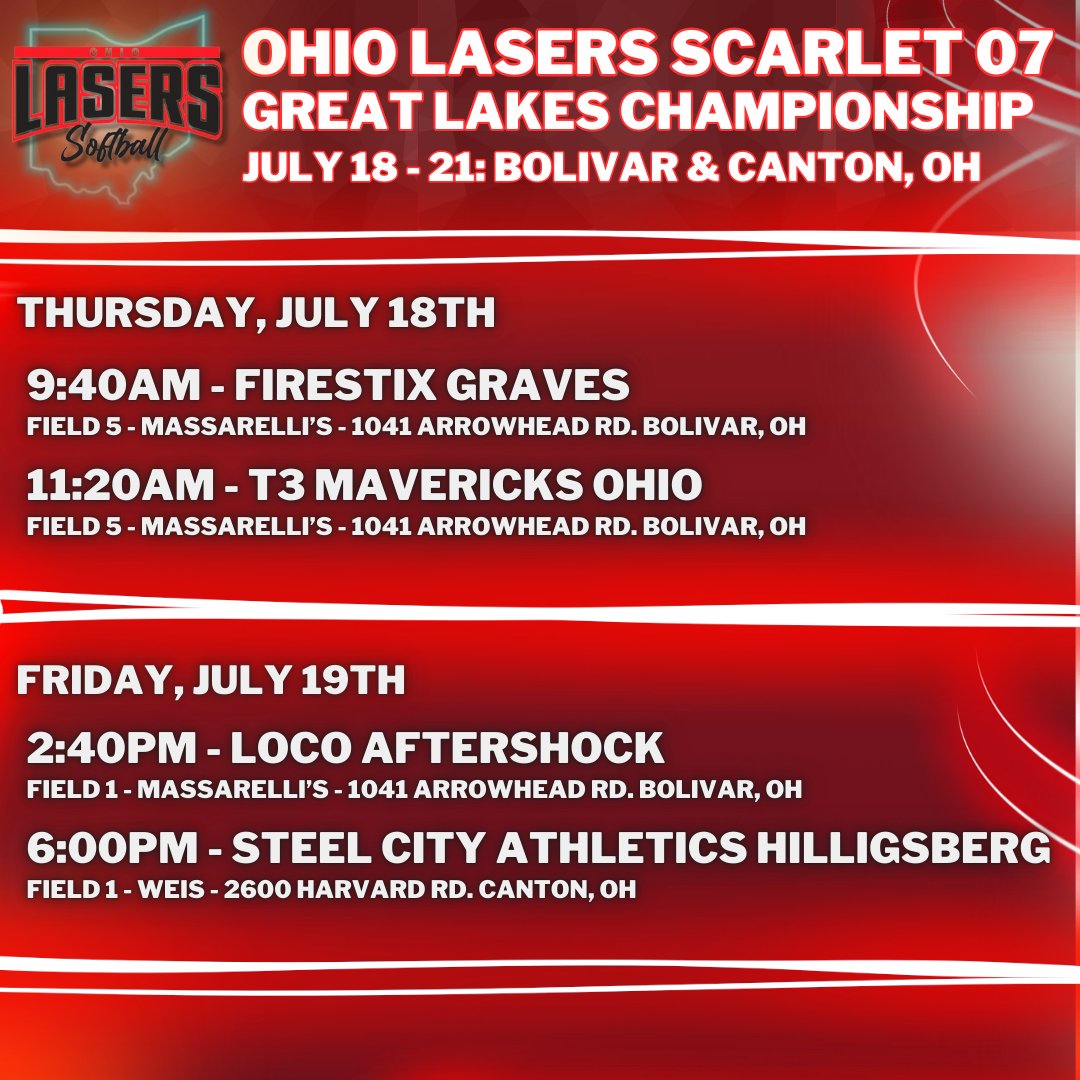 LasersScarlet07's tweet photo. Our schedule for the Great Lakes Championship. Coaches - come and check out this group of talented and hard working 2025s and 2026s! https://t.co/Y9xiT2DzcU