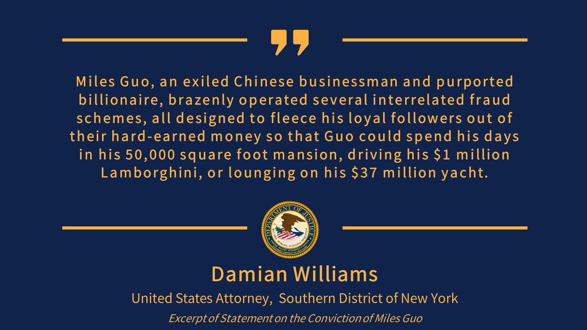 Statement of U.S. Attorney Damian Williams on the conviction of Miles Guo

🔗: justice.gov/usao-sdny/pr/s…