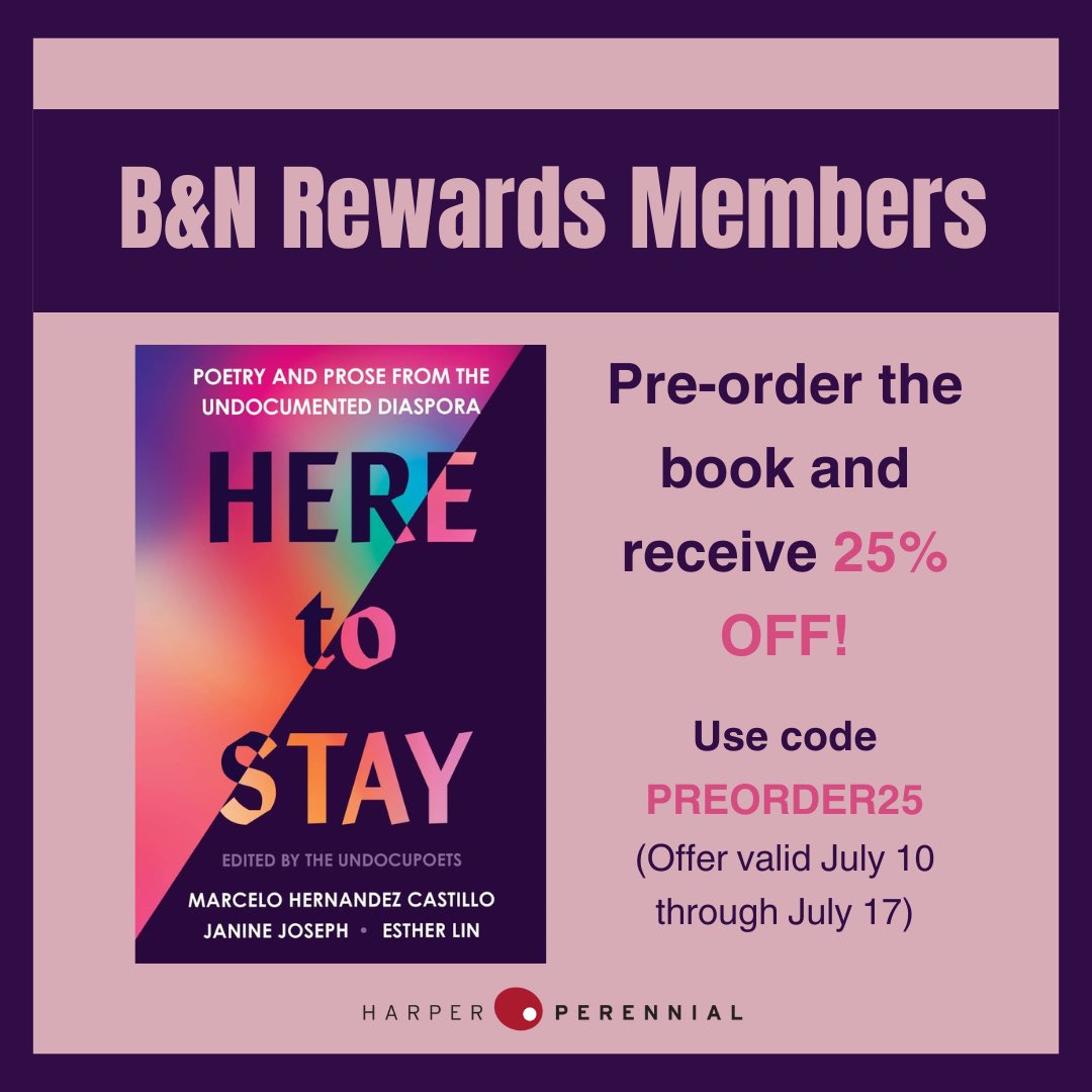 Undocupoets (@undocupoets) on Twitter photo 📣 Until 7/17, you can pre-order HERE TO STAY: Poetry and Prose from the Undocumented Diaspora at 25% off via <a href="/bnbooks/">Barnes & Noble</a> 📣
tinyurl.com/47twu2jt
#heretostaypoetry 📣 Until 7/17, you can pre-order HERE TO STAY: Poetry and Prose from the Undocumented Diaspora at 25% off via <a href="/bnbooks/">Barnes & Noble</a> 📣
tinyurl.com/47twu2jt
#heretostaypoetry