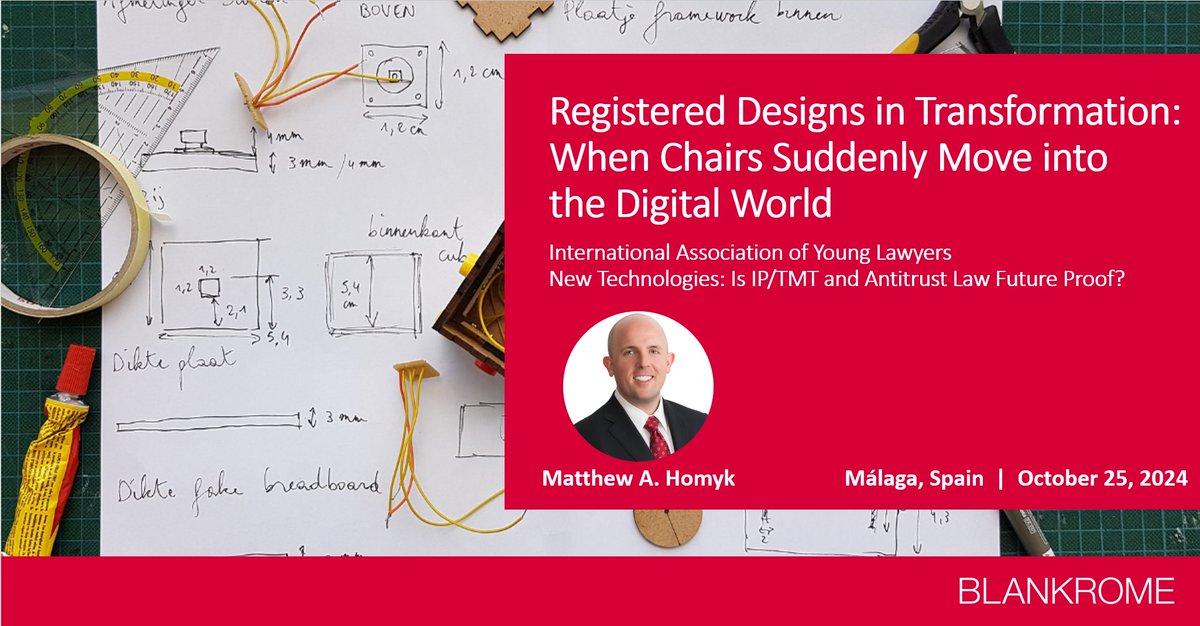 BlankRomeLLP's tweet image. Regulators worldwide are revising old rules and introducing new ones to face challenges raised by new technologies. Matthew Homyk will join @AIJAASSOCIATION’s program on October 25  to talk about changes and trends in #designprotection: bit.ly/4bJeFaF

#iplaw
#designlaw