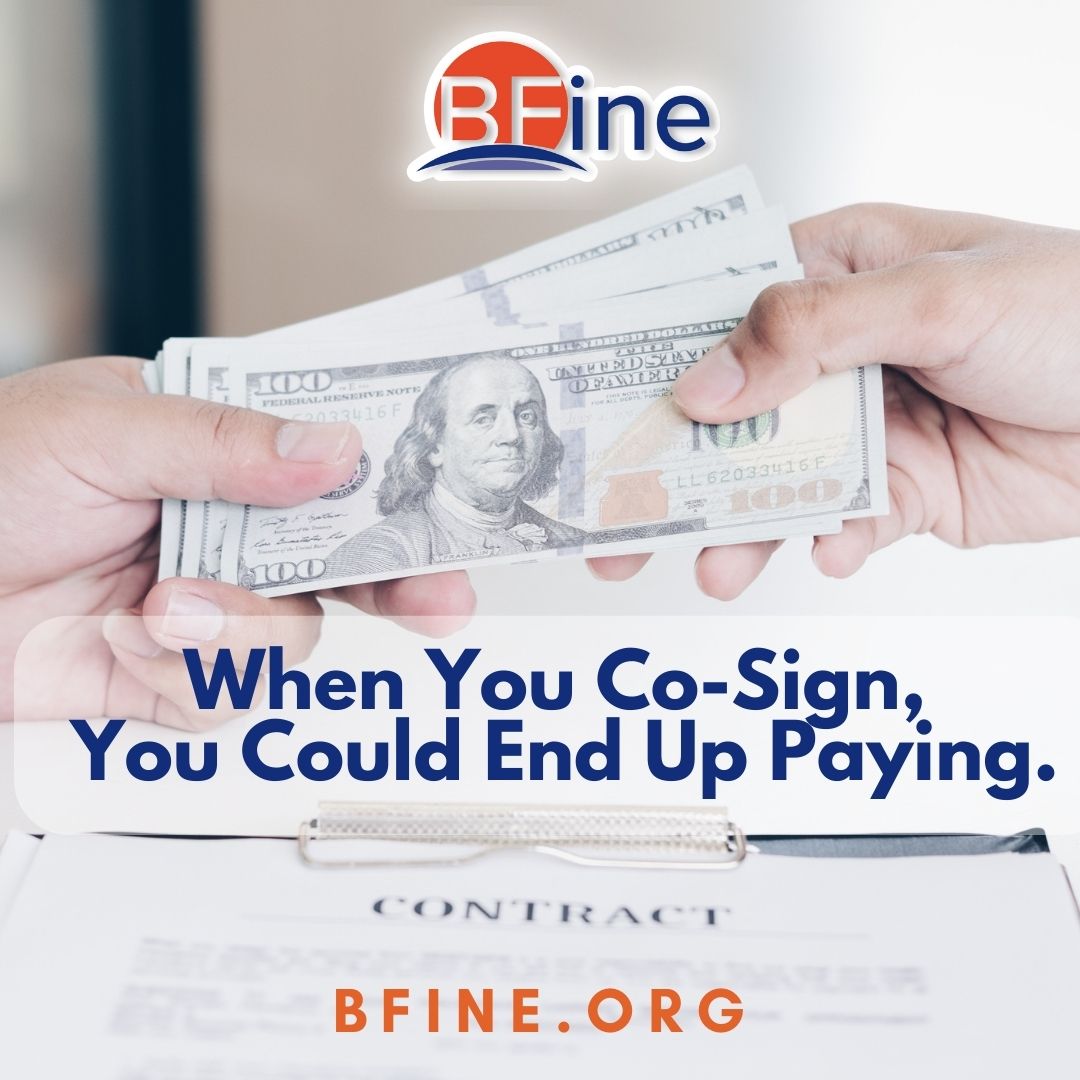 When you co-sign for a loan or lease, you could end up paying. 
Click the link below for more information on BFine.org. 

bit.ly/3DRRPzj

#personalfinance #financialliteracy #cosigner #loans #financialeducation