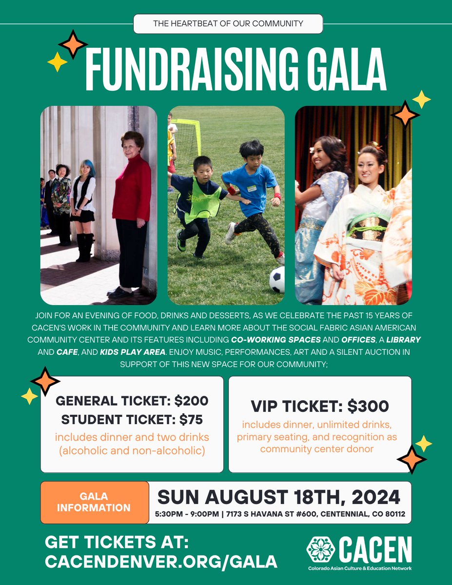 Exciting! We are developing an Asian American community center in South Denver (Centennial). The building will be purchased in Sept. w/ an opening date of for Lunar New Year 2025! Join for our fundraising gala on Aug. 18 to learn more about the space! cacendenver.org/gala