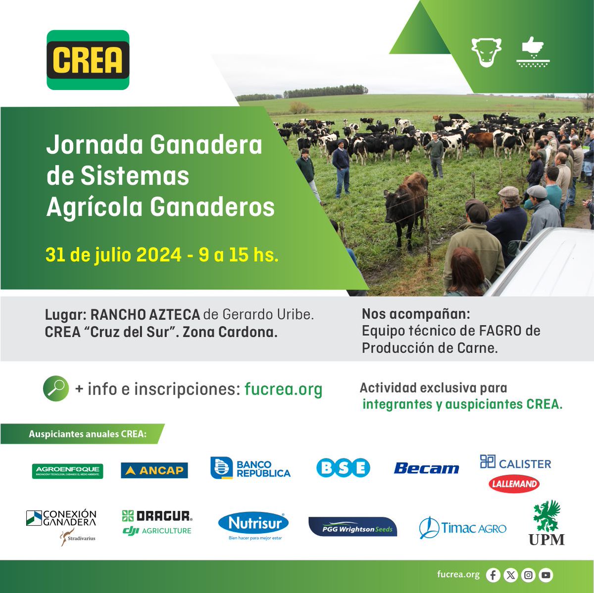🐂🌱 Imperdible:
Jornada Ganadera de Sistemas Agrícola Ganaderos

🗓️ 31 de julio, 9 a 15 hs.
👉 Más información e inscripciones:
fucrea.org/noticias/jorna…

Actividad exclusiva para integrantes CREA y auspiciantes anuales CREA.
#ganadería #agrícolaganaderos #SomosCREA🇺🇾