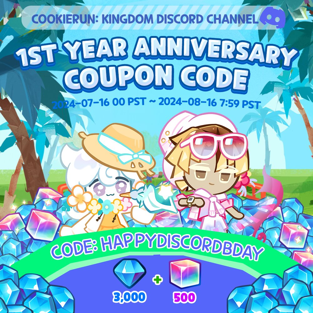 Happy anniversary to the official #CookieRunKingdom #Discord server! 🥳 We're celebrating with a new coupon code, just in time for the update 😍 

🎫 HAPPYDISCORDBDAY (Crystals x3,000, Rainbow Cubes x500)
📅 Valid until: August 16 2024, 7:59 PST
🔔 game.devplay.com/coupon/ck/en