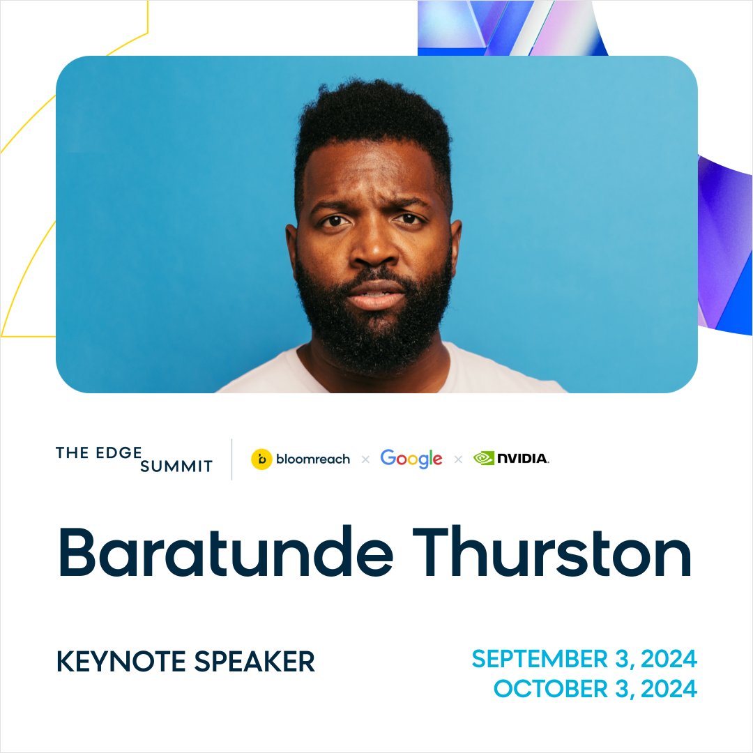 bloomreach_tm's tweet photo. We're excited to announce Emmy-nominated comedian and writer Baratunde Thurston as our industry keynote speaker for The Edge 2024! 

Baratunde is a multi-platform storyteller and producer and brings a unique perspective on AI and ecommerce. 

Register now! https://t.co/GilXp5tu51 https://t.co/nTv10L7SKL